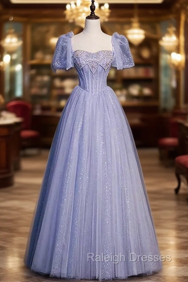 Fancy Blue Tulle Sequins Puff Sleeve Beading Prom Dress Main image