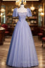 Fancy Blue Tulle Sequins Puff Sleeve Beading Prom Dress