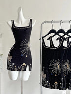 Fantasy Black Embroidered Slim Square Neck Short Birthday Dress Homecoming Dress