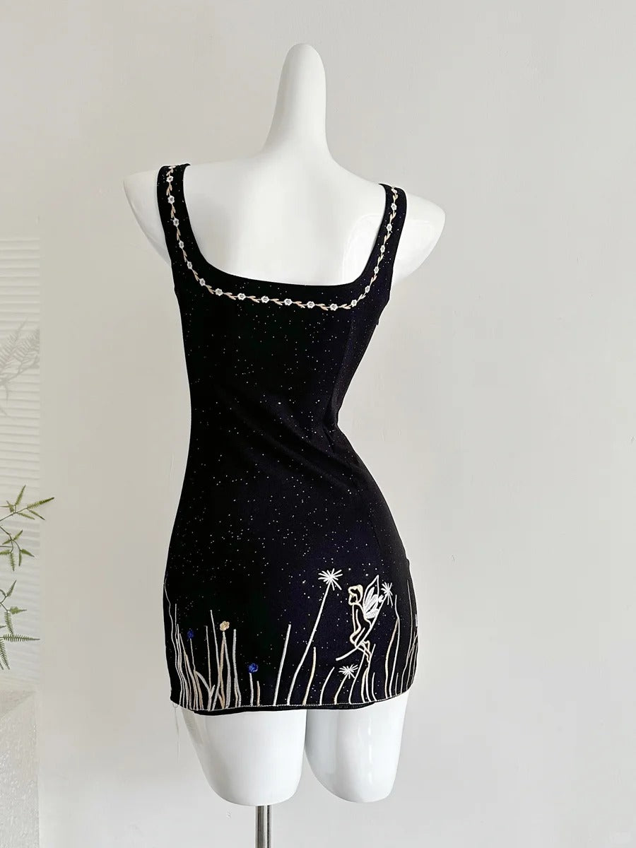 Fantasy Black Embroidered Slim Square Neck Short Birthday Dress Homecoming Dress