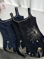 Fantasy Black Embroidered Slim Square Neck Short Birthday Dress Homecoming Dress