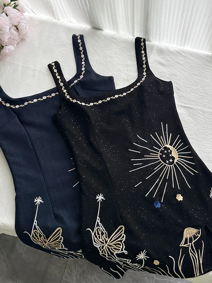 Fantasy Black Embroidered Slim Square Neck Short Birthday Dress Homecoming Dress