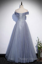 Fantasy Dusty Blue Bling Tulle Prom Dress Off Shoulder With Bling