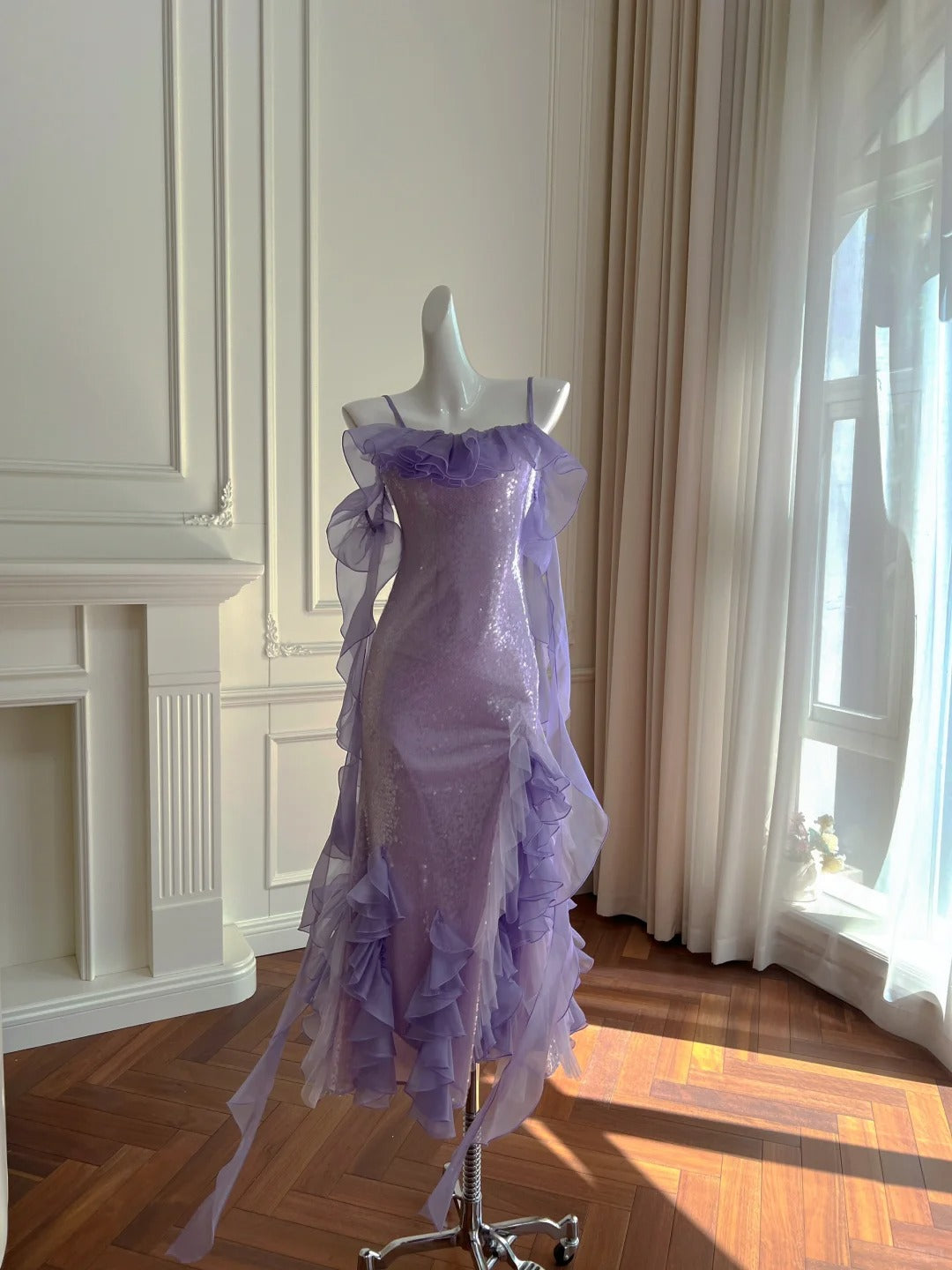 Fantasy Purple Mermaid Ruffled Tulle Sequined Long Formal Prom Dress Secondary image