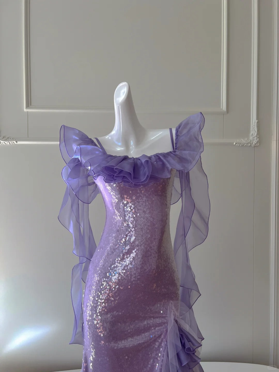 Fantasy Purple Mermaid Ruffled Tulle Sequined Long Formal Prom Dress