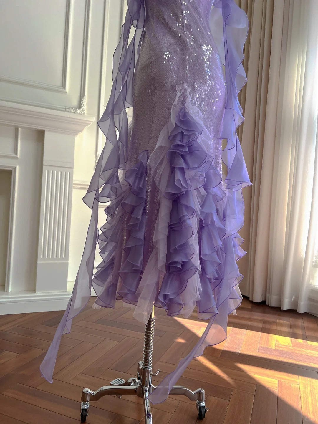 Fantasy Purple Mermaid Ruffled Tulle Sequined Long Formal Prom Dress