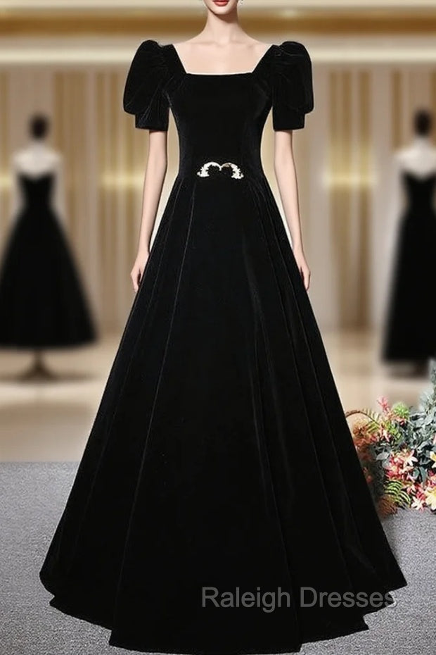 Fashion Black Velvet Short Sleeve Square Neck Prom Dress Main image