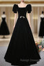 Fashion Black Velvet Short Sleeve Square Neck Prom Dress