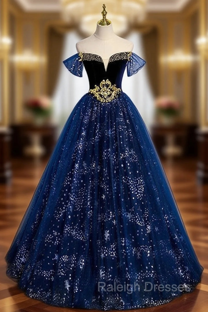 Fashion Blue Tulle Sequins Beading Off the Shoulder Prom Dress Main image