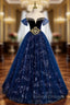 Fashion Blue Tulle Sequins Beading Off the Shoulder Prom Dress
