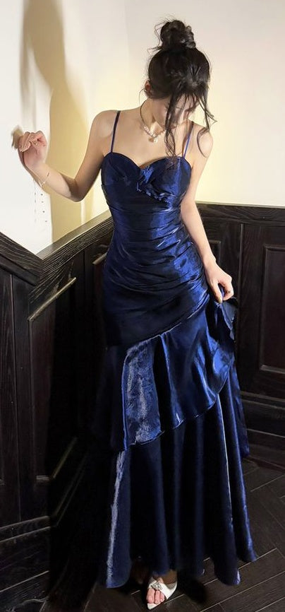 Fashion Burgundy Ruffle Prom Dress Long Spaghetti Straps Dance Dresses