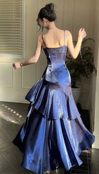 Fashion Burgundy Ruffle Long Prom Dresses Spaghetti Straps Dance Dress