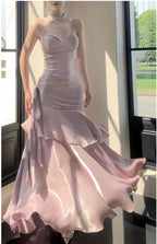 Fashion Burgundy Ruffle Prom Dress Long Spaghetti Straps Dance Dresses