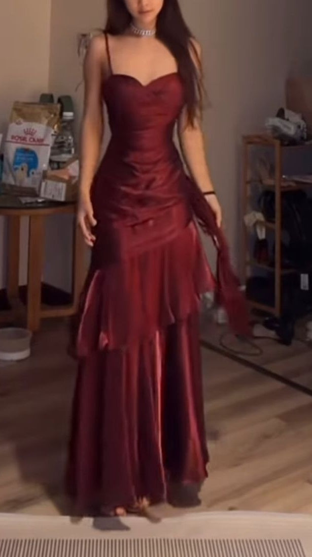 Fashion Burgundy Ruffle Prom Dress Long Spaghetti Straps Dance Dresses
