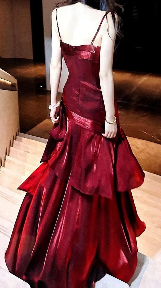 Fashion Burgundy Ruffle Prom Dress Long Spaghetti Straps Dance Dresses