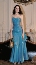 Fashion Burgundy Ruffle Long Prom Dresses Spaghetti Straps Dance Dress