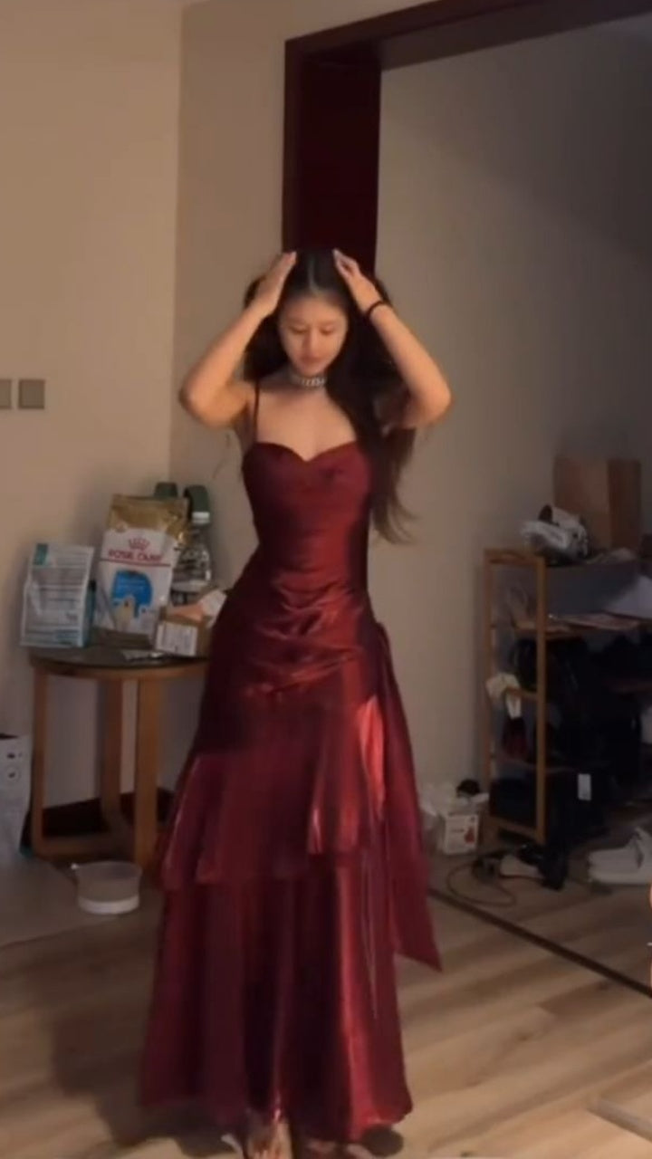 Fashion Burgundy Ruffle Prom Dress Long Spaghetti Straps Dance Dresses