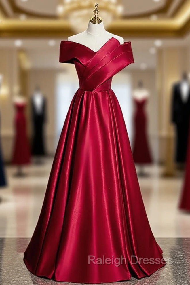 Fashion Burgundy Satin Off the Shoulder Pleats Prom Dress Main image