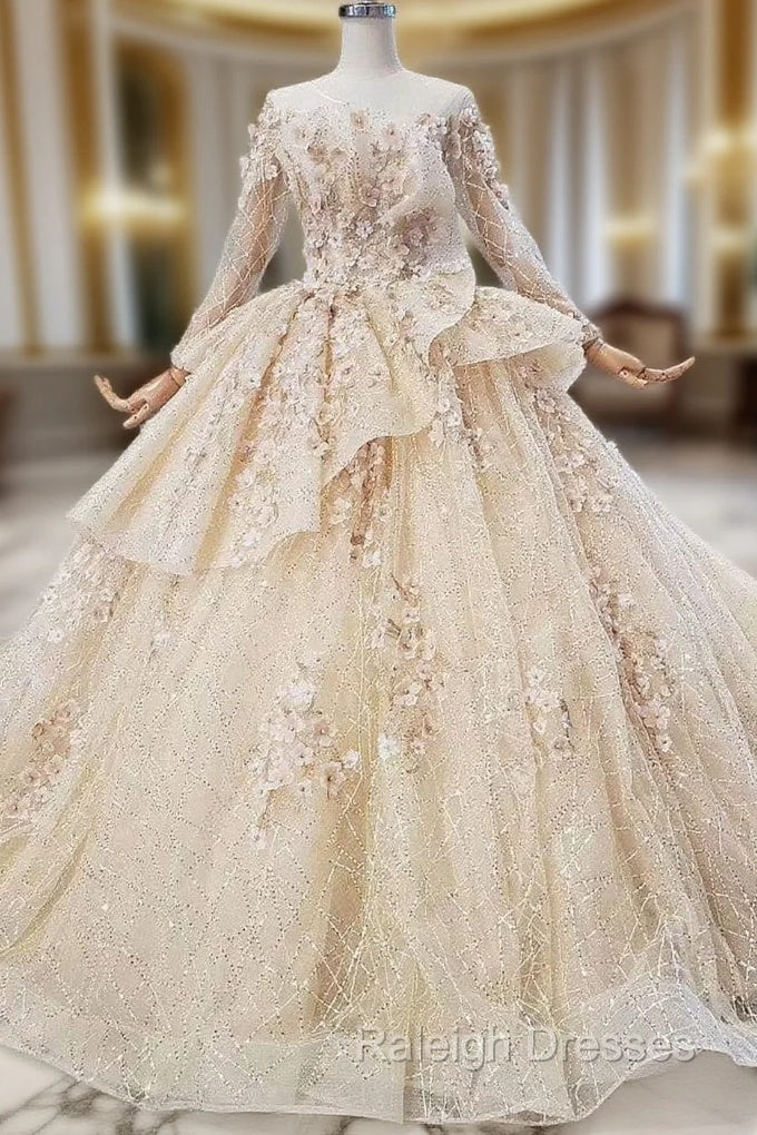 Fashion Champagne Ball Gown Tulle Sequins Long Sleeve Appliques Wedding Dress Main image
