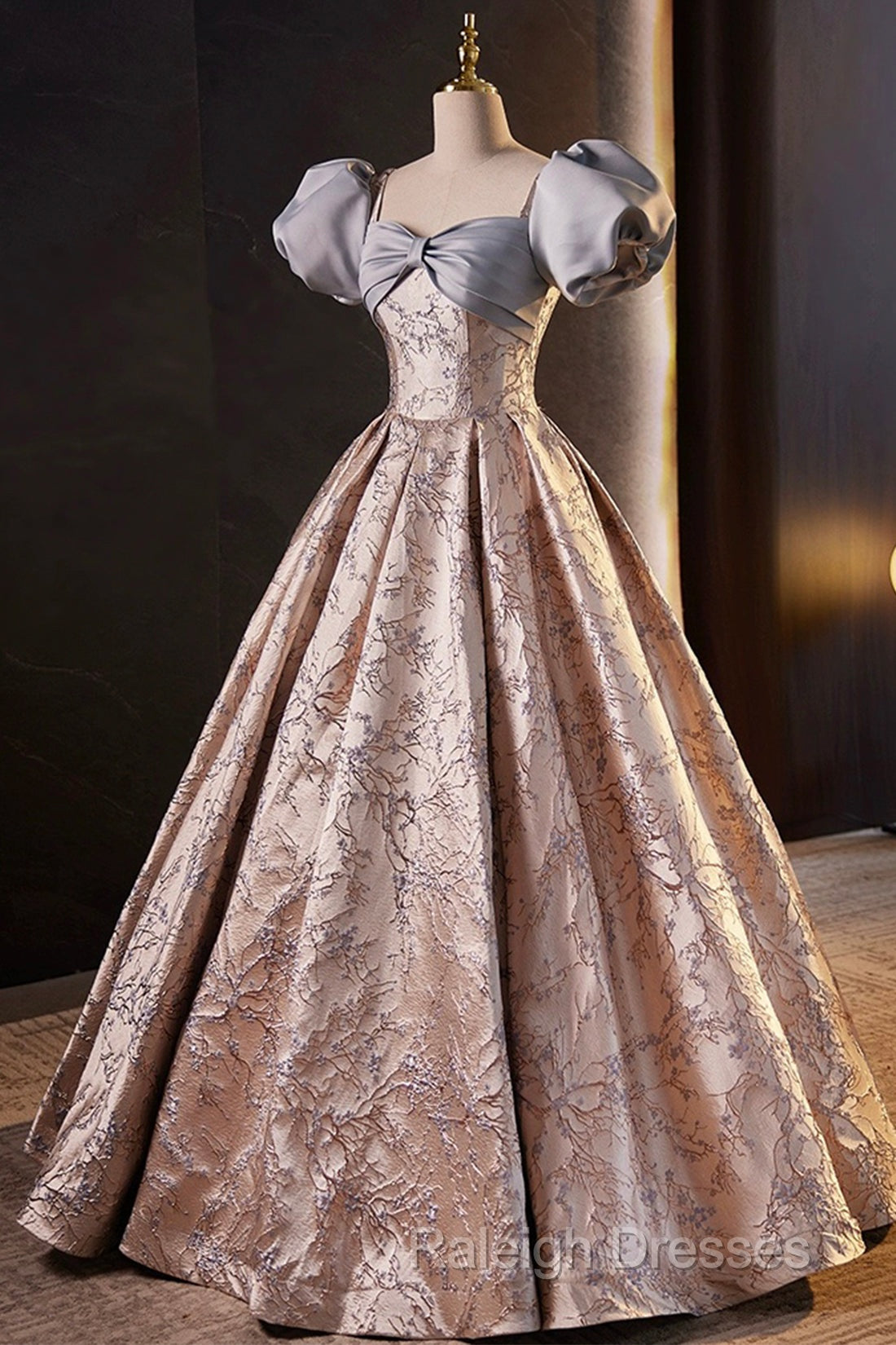 Fashion Floor-Length Printing Prom Dresses, A-Line Short Sleeve Backless Evening Formal Dresses Secondary image