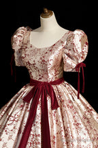 Fashion Floor-Length Printing Prom Dress Square Neckline Short Sleeve Backless Bow Sash Prom Dress