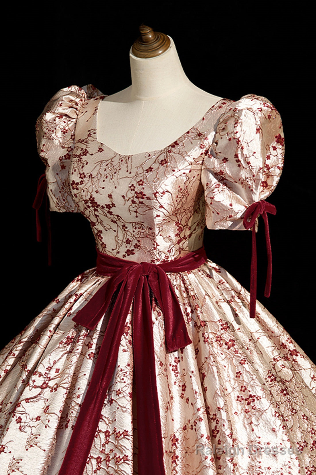 Fashion Floor-Length Printing Prom Dress Square Neckline Short Sleeve Backless Bow Sash Prom Dress