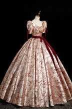Fashion Floor-Length Printing Prom Dress Square Neckline Short Sleeve Backless Bow Sash Prom Dress
