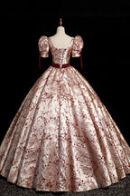 Fashion Floor-Length Printing Prom Dress Square Neckline Short Sleeve Backless Bow Sash Prom Dress