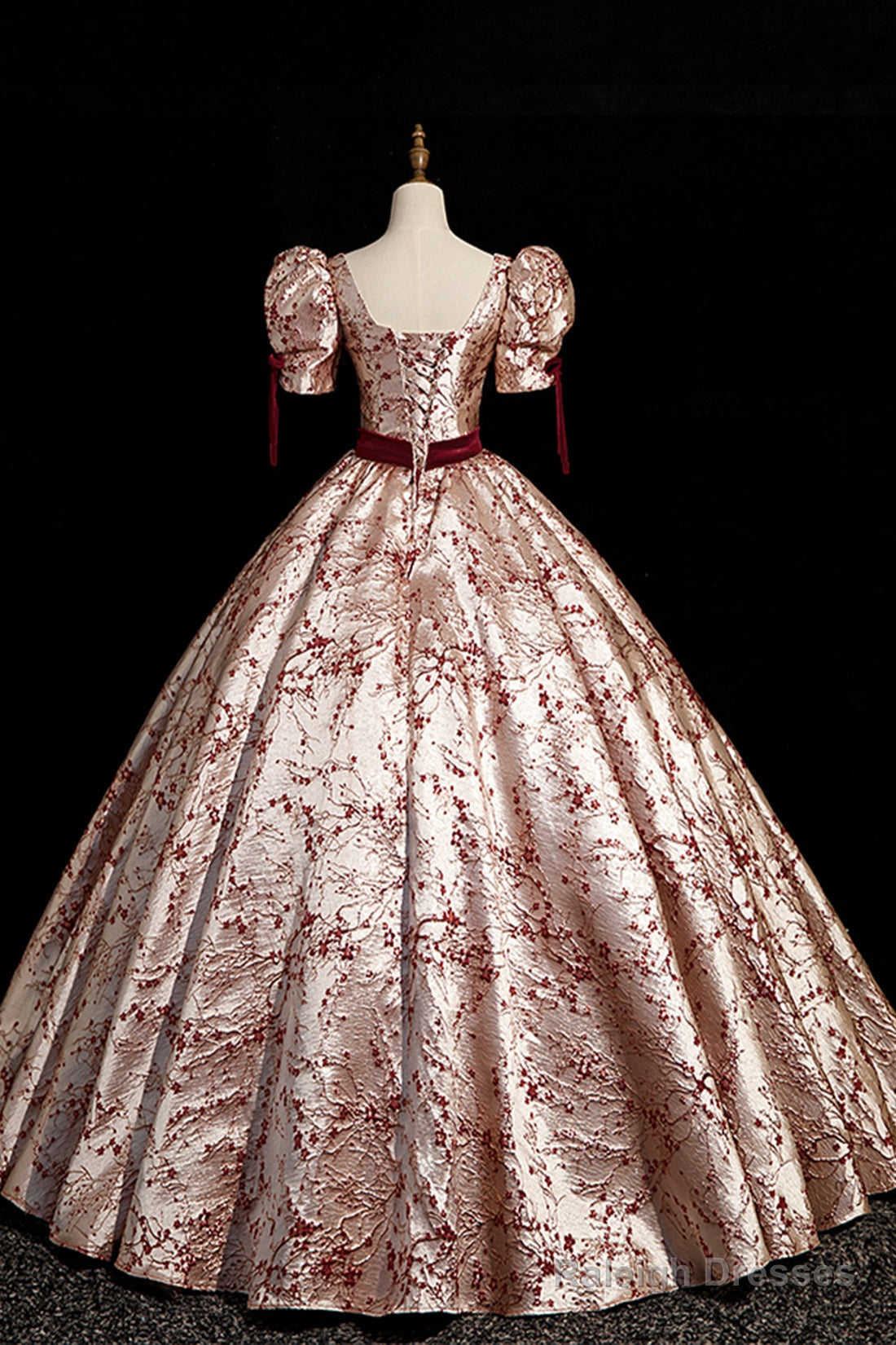 Fashion Floor-Length Printing Prom Dress Square Neckline Short Sleeve Backless Bow Sash Prom Dress