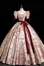Fashion Floor-Length Printing Prom Dress Square Neckline Short Sleeve Backless Bow Sash Prom Dress