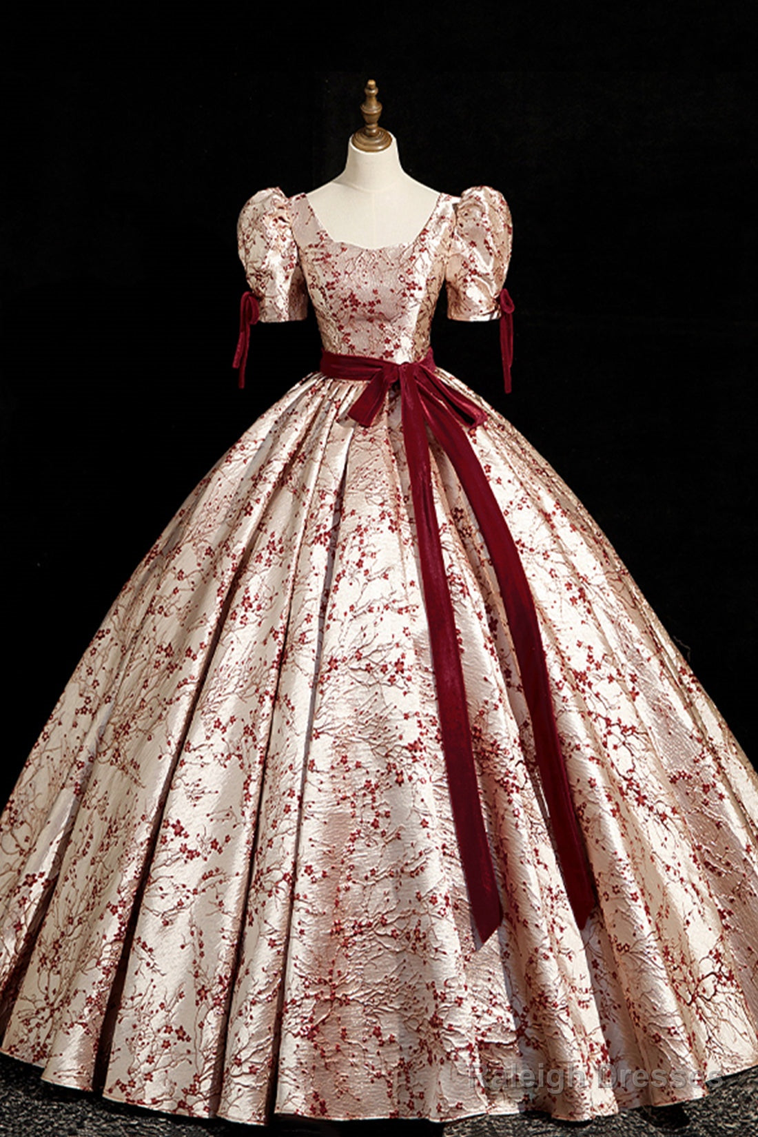 Fashion Floor-Length Printing Prom Dress Square Neckline Short Sleeve Backless Bow Sash Prom Dress
