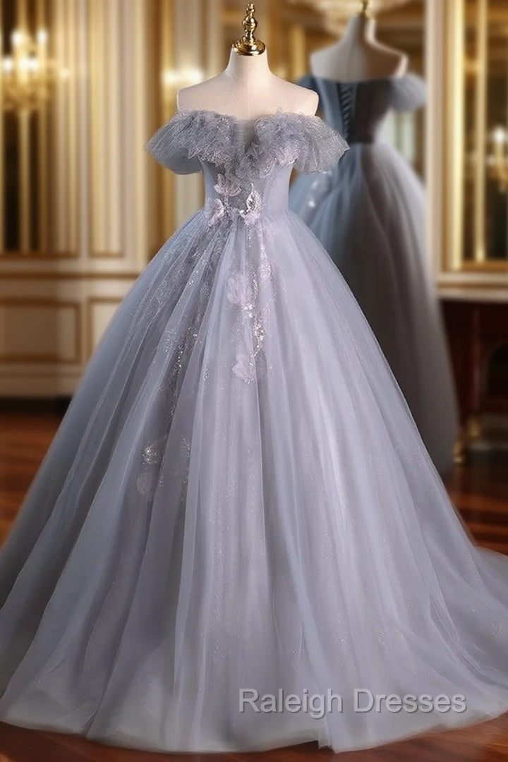 Fashion Gray Tulle Off the Shoulder Appliques Quinceanera Dress Main image