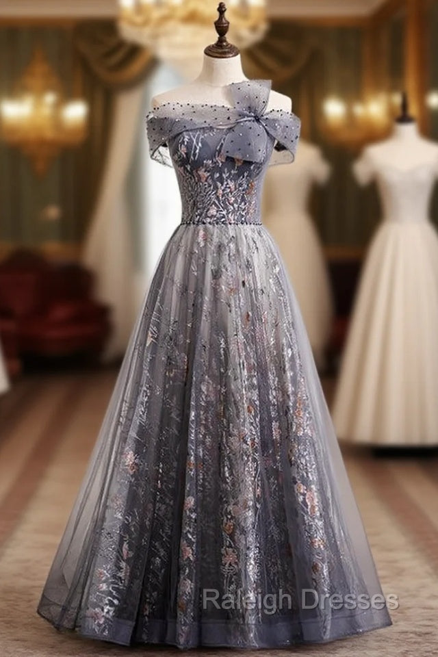 Fashion Gray Tulle Off the Shoulder Beading Prom Dress Main image