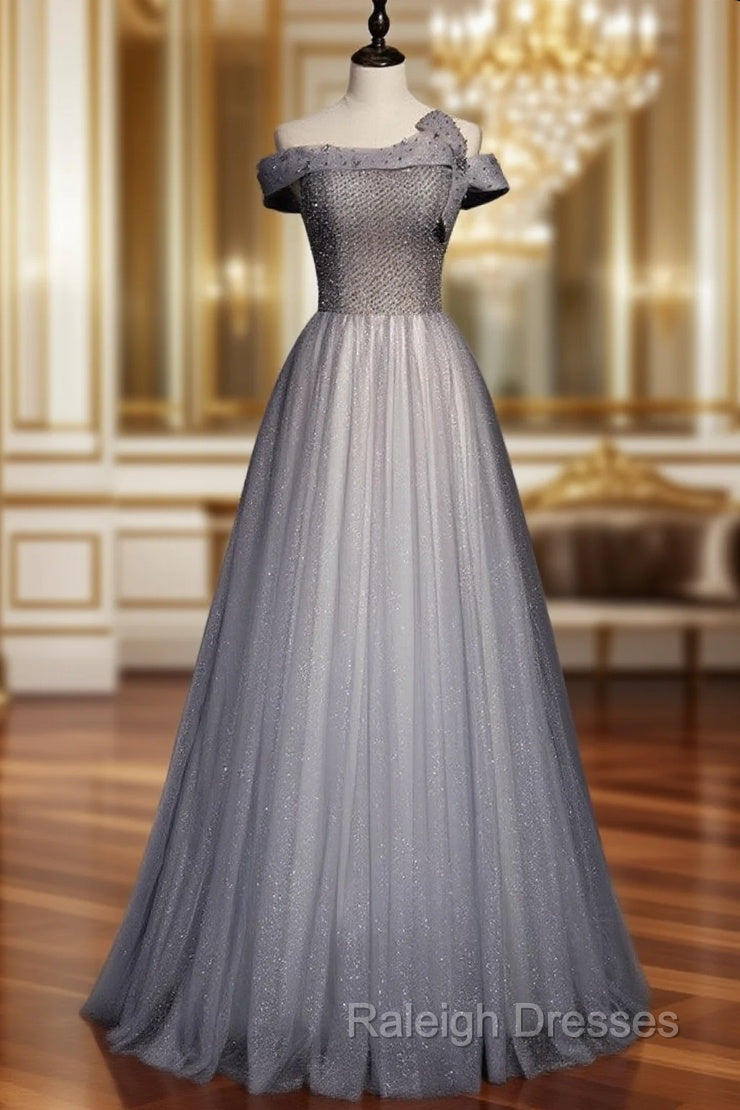 Fashion Gray Tulle Sequins Off the Shoulder Beading Prom Dress Main image