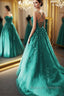 Fashion Green Lace Appliques Open Back Tulle Long Prom Dresses, Green Lace Formal Dresses, Green Evening Dresses