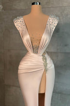 Fashion Long V-Neck Split Front Mermaid Evening Prom Dresses With Rhinestones