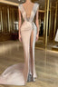 Fashion Long V Neck Split Front Mermaid Prom Dress With Rhinestones