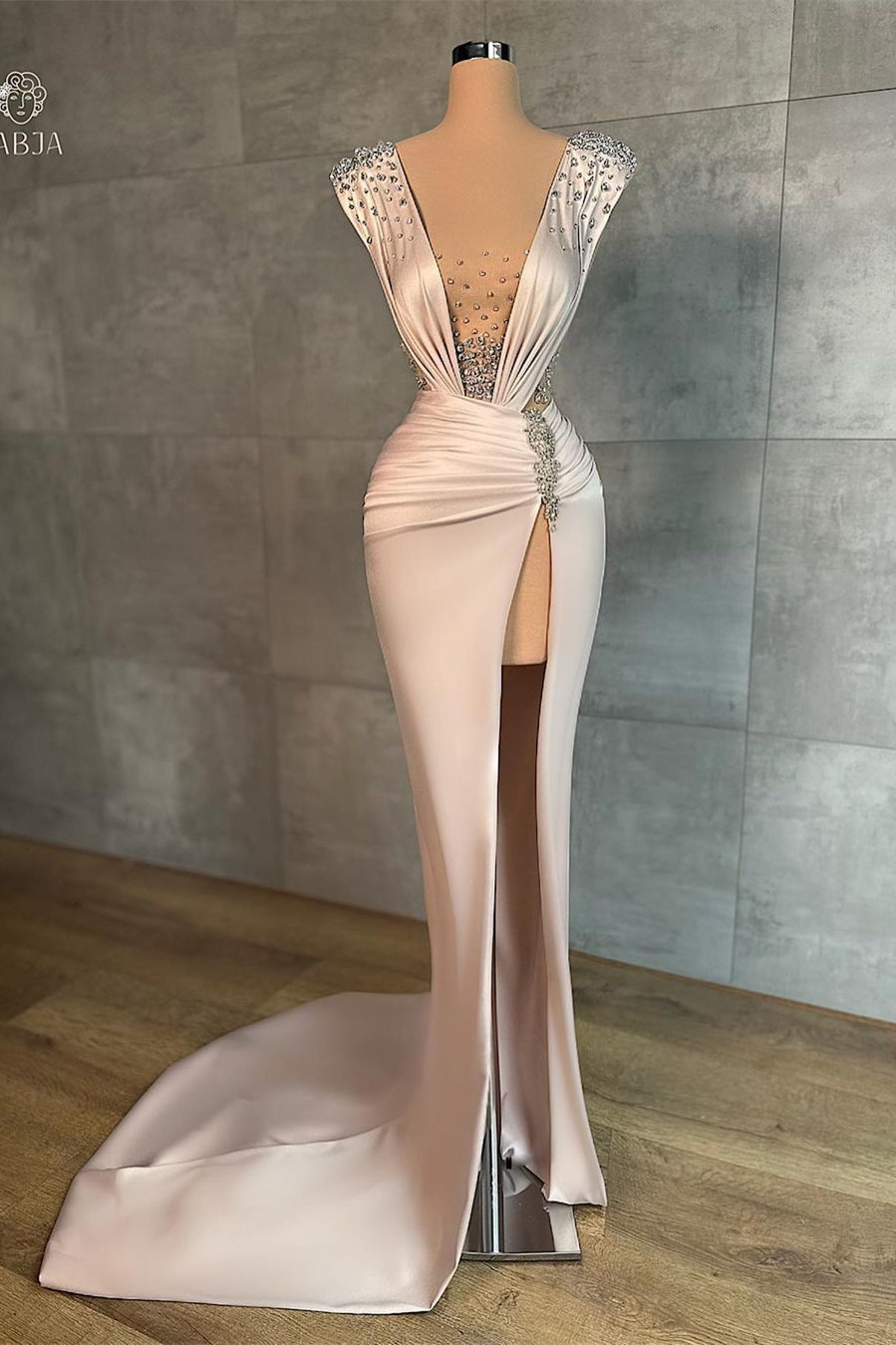 Fashion Long V-Neck Split Front Mermaid Evening Prom Dresses With Rhinestones