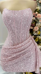 Fashion Pink Strapless Bodycon Short Prom Dress Glitter Sequin Homecoming Dress