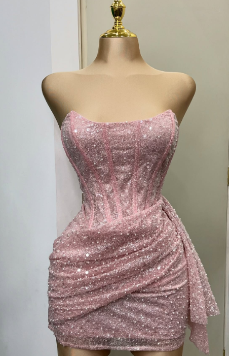 Fashion Pink Strapless Bodycon Short Prom Dress Glitter Sequin Homecoming Dress