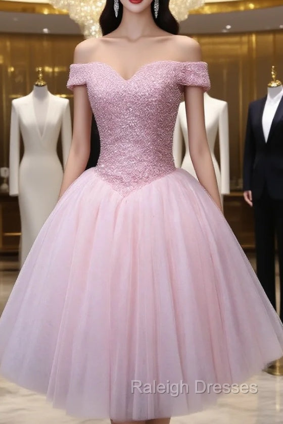 Fashion Pink Tulle Off the Shoulder Beading Homecoming Dress Main image