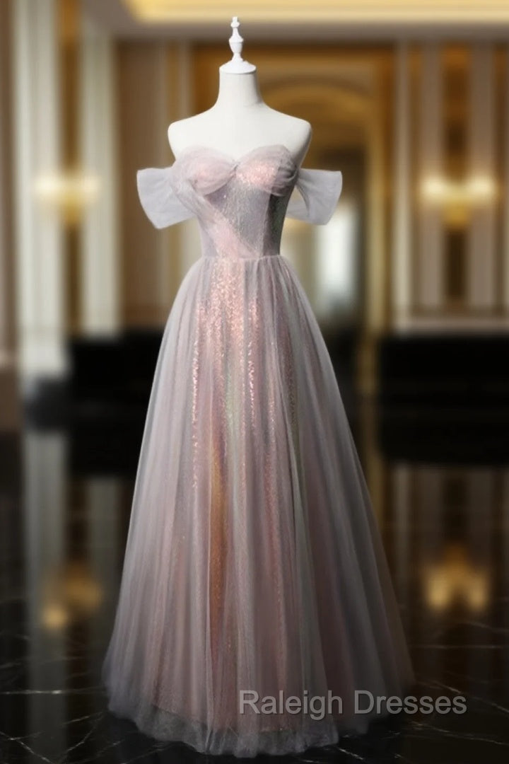 Fashion Pink Tulle Sequins Off the Shoulder Prom Dress Main image