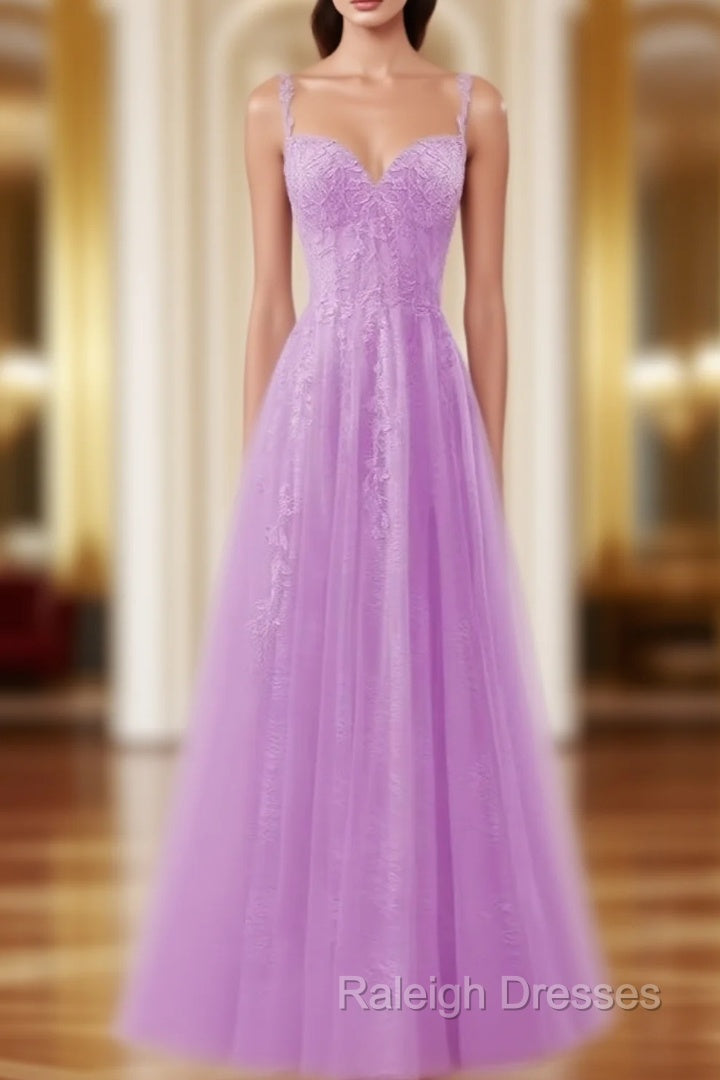 Fashion Purple Tulle Spaghetti Straps Appliques Prom Dress Main image