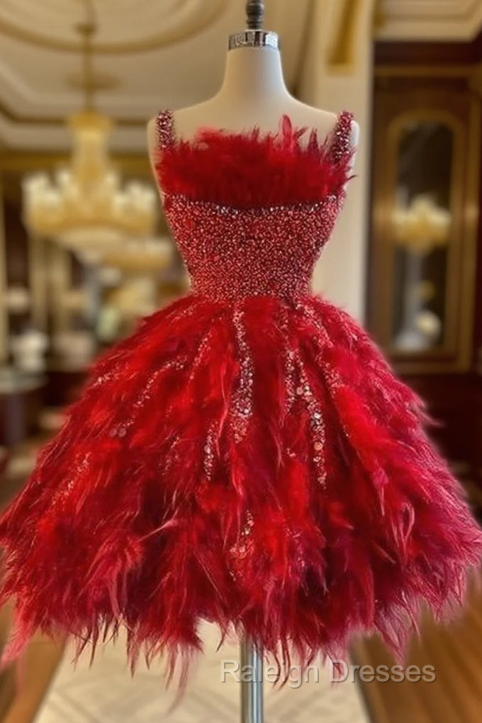Fashion Red Feather Sequined Cocktail Dresses Spaghetti Straps Short Party Gowns Luxurious Homecoming Dress