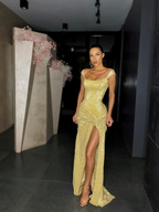 Yellow Shiny Sequins Long Fashion Sleeveless Slit Sexy Ball Gown Evening Dress
