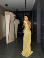 Yellow Shiny Sequins Long Fashion Sleeveless Slit Sexy Ball Gown Evening Dress