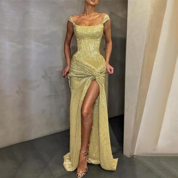 Yellow Shiny Sequins Long Fashion Sleeveless Slit Sexy Ball Gown Evening Dress