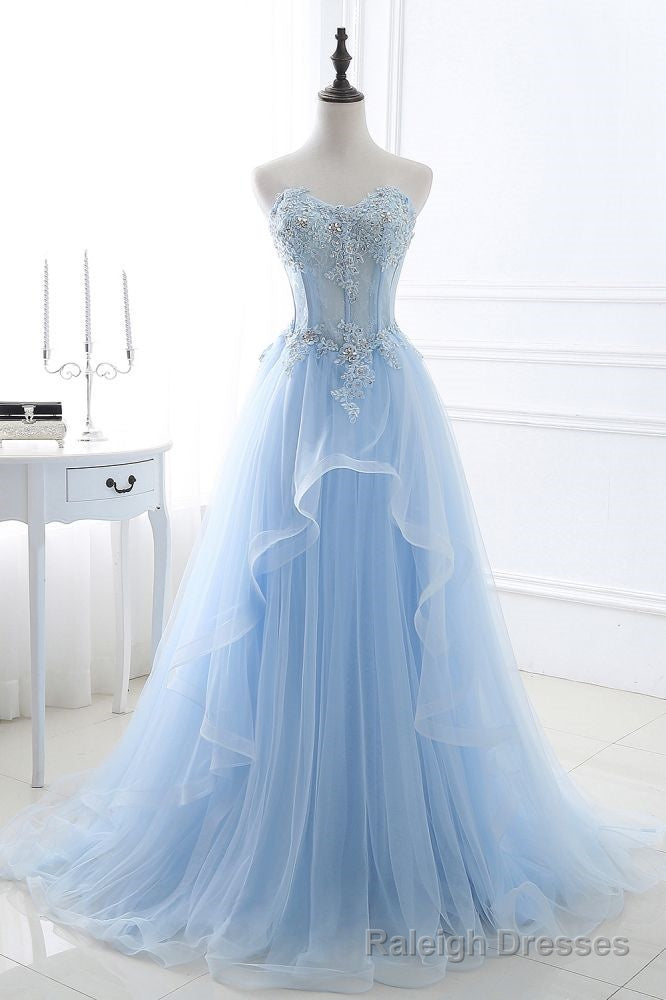 Fashion Sweetheart Long Tulle Sky Blue Prom Party Gowns with Sequins Main image