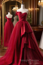 Fashion Tulle Satin Long Evening Dress Red Prom Dress