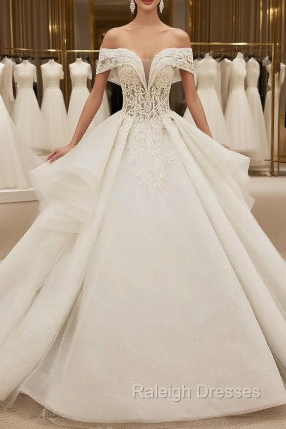 Fashion White Ball Gowns Tulle Off the Shoulder Wedding Dress With Beading